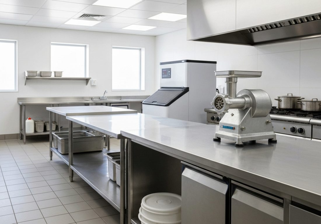 Commercial kitchen with stainless prep tables and equipment