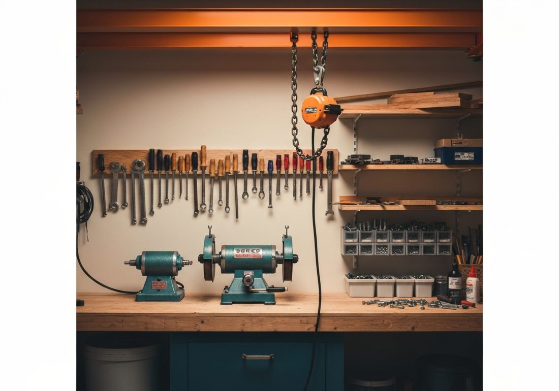 Home workshop bench with grinder, tools and a hoist