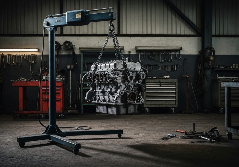 Electric chain hoist lifting an engine in a workshop