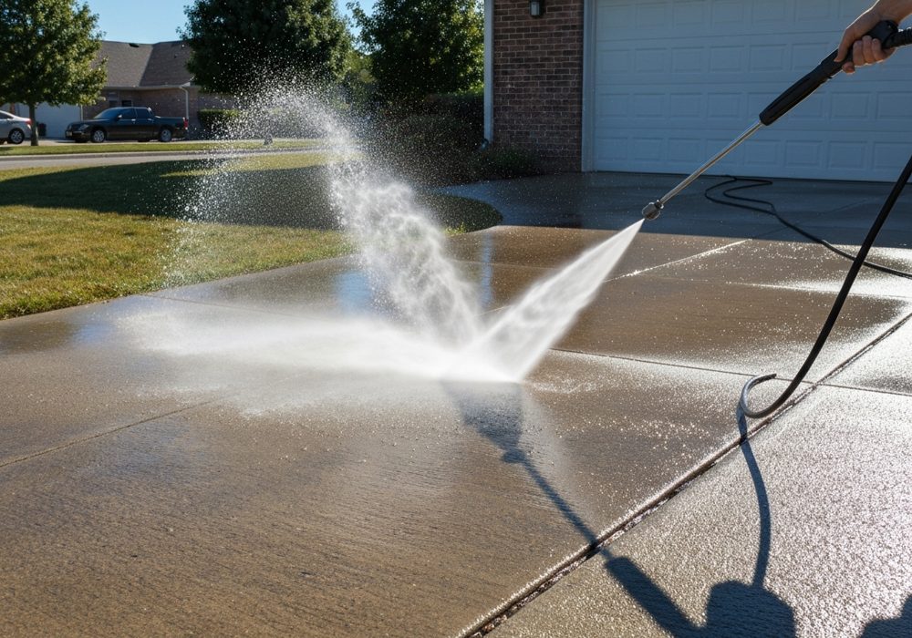 Pressure washer cleaning a concrete driveway